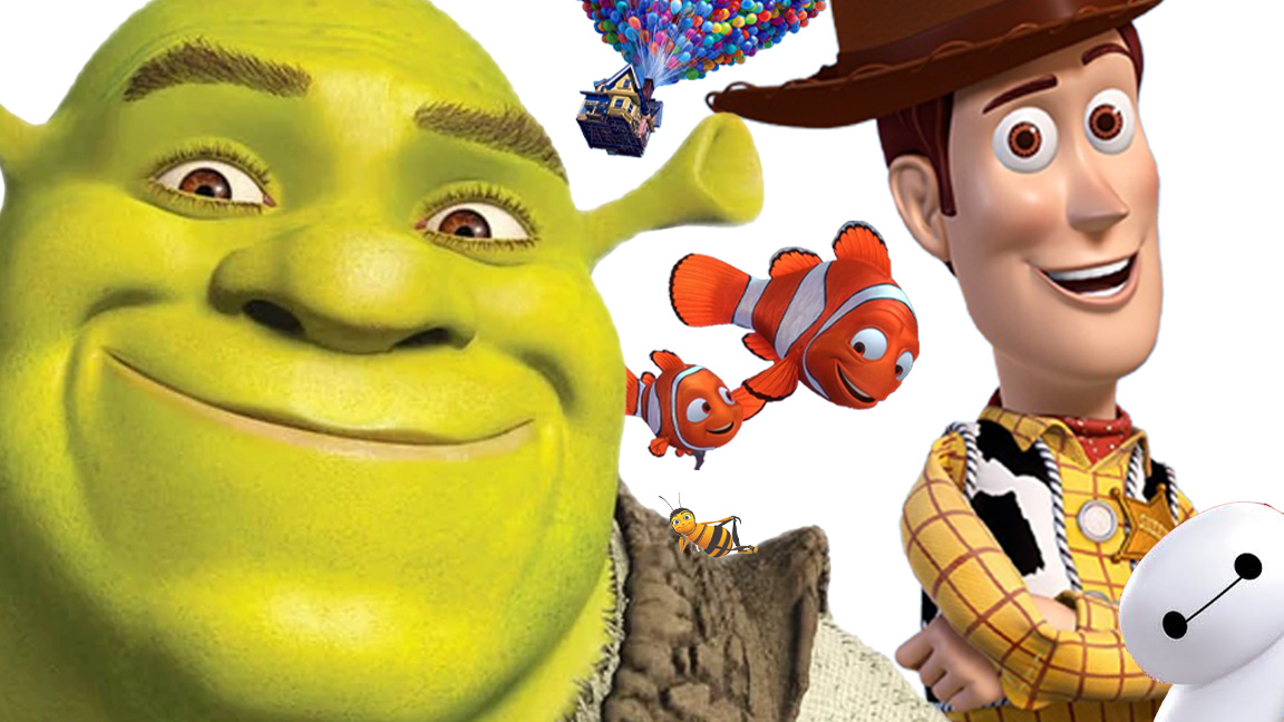 Pixar vs DreamWorks; cartoon characters including a green troll, orange fish, and cowboy