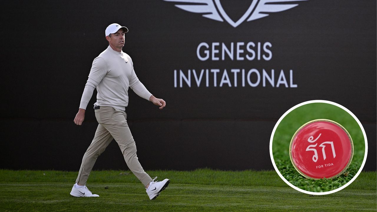 Rory McIlroy walks down the fairway and a picture of a red pin badge in a circle