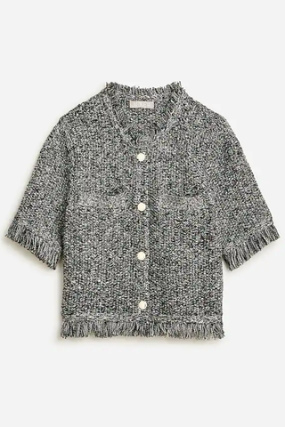 J.Crew August Collection 2023 | Fringe-trim short-sleeve cropped lady jacket in marled yarn