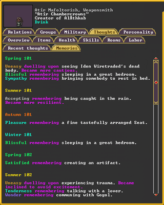 Dwarf Fortress graphical character sheet memory log example