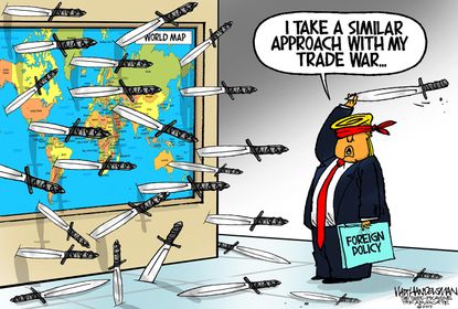 Political Cartoon U.S. Trump Trade War Blind Knife Darts Kurds Syria Turkey