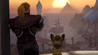 Ibelin Redmoore, a character played by the late Mats Steen, looks across Stormwind Harbour with a detective fox friend.