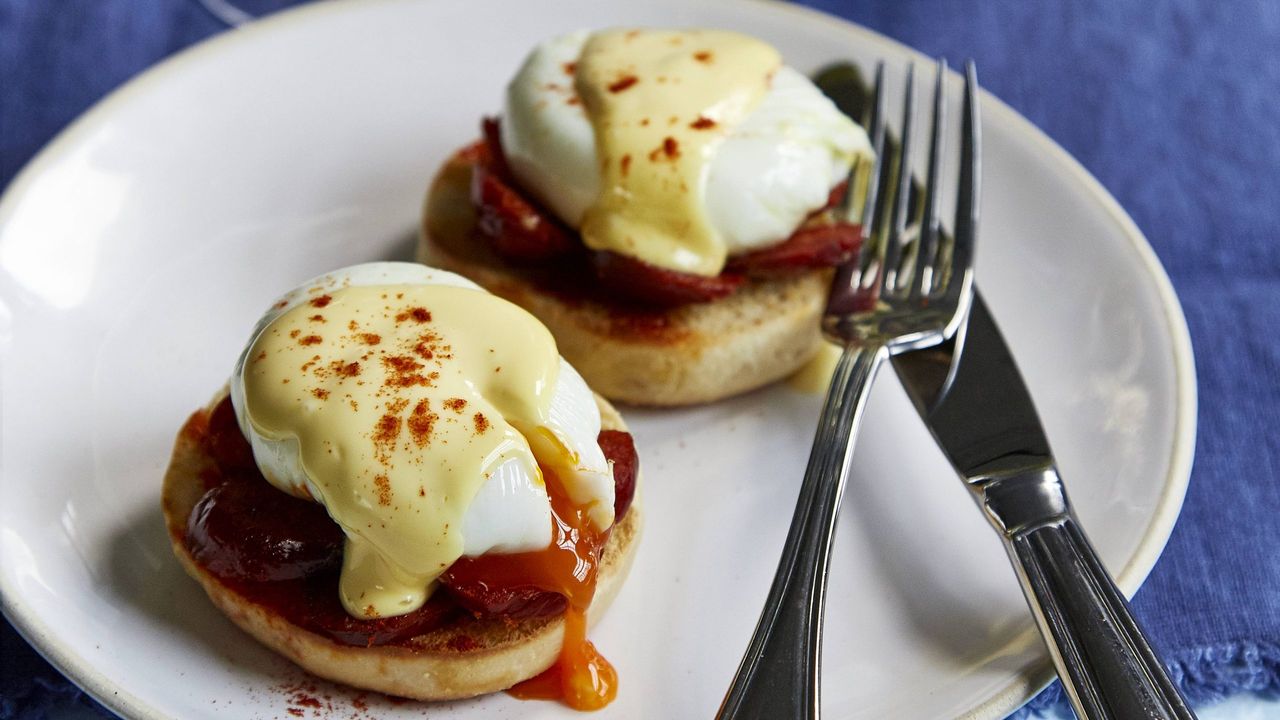 Chorizo eggs benedict with homemade english muffins