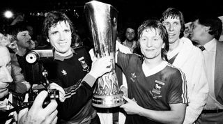 AZ Alkmaar v Ipswich Town 2nd leg match of UEFA Cup Final at the Olympic Stadium in Amsterdam May 1981. Final score: AZ Alkmaar 4-2 Ipswich Town Ipswich Town with UEFA Cup 5-4 on aggregate. Ipswich Town players celebrate winning trophy at end of match. (Photo by Monte Fresco/Mirrorpix/Getty Images)
