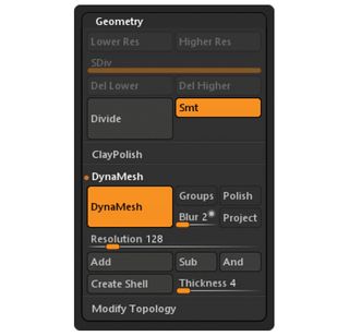 Screenshot of Geometry dialog with DynaMesh highlighted orange