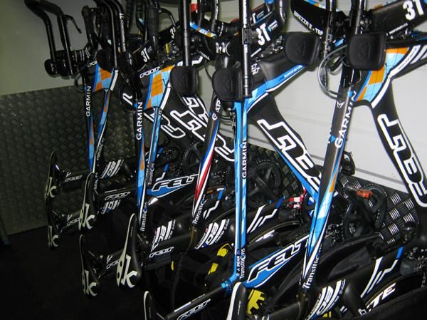 The Garmin armada of TT bikes, sitting in the team truck and ready to go to the Vuelta.
