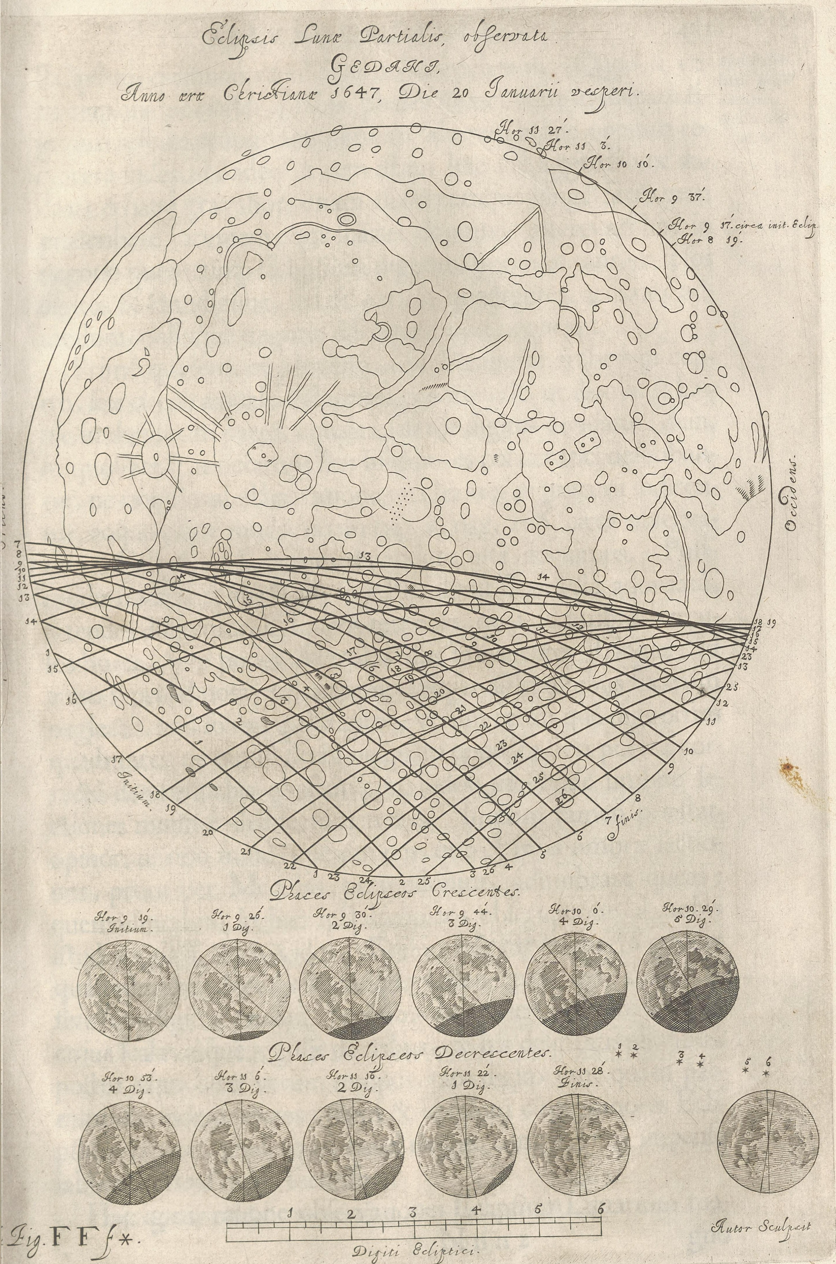 a large sketch of the moon on the top of the page with several smaller sketches of the moon in different phases, in two rows