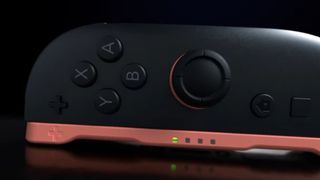 The switch 2 right joy-con on its side looking liek a computer mouse attached to some device