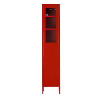 narrow red bookshelf/cabinet