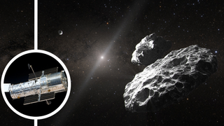 illustration of two asteroids in deep space, with a shiny silver space telescope as an inset in the lower left of the frame