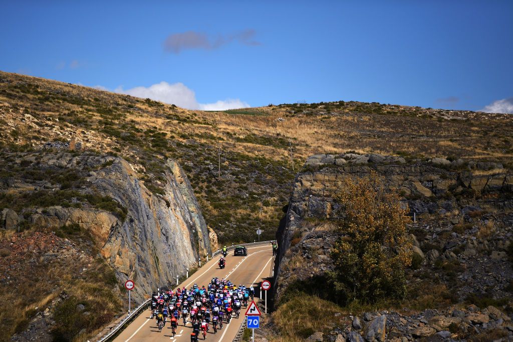 EJEADELOSCABALLEROS SPAIN OCTOBER 23 Peloton Landscape during the 75th Tour of Spain 2020 Stage 4 a 1917km stage from Garray Numancia to Ejea de los Caballeros lavuelta LaVuelta20 La Vuelta on October 23 2020 in Ejea de los Caballeros Spain Photo by David RamosGetty Images