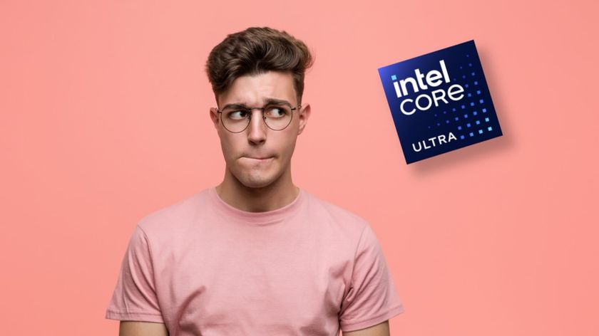 A young man looking skeptically at the new Intel Core Ultra logo.