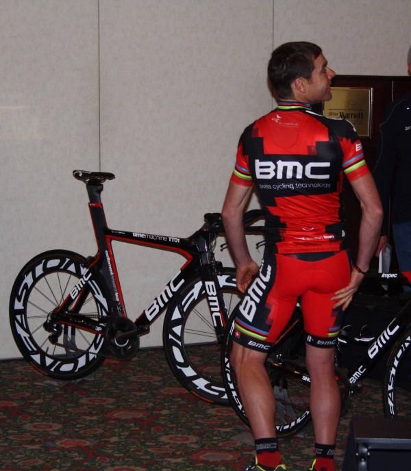 Cadel Evans (BMC) checks out his time trial steed.