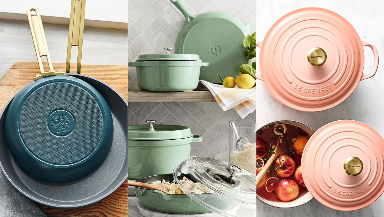 Three panel image of Greenpan, Staub and Le Creuset cookware