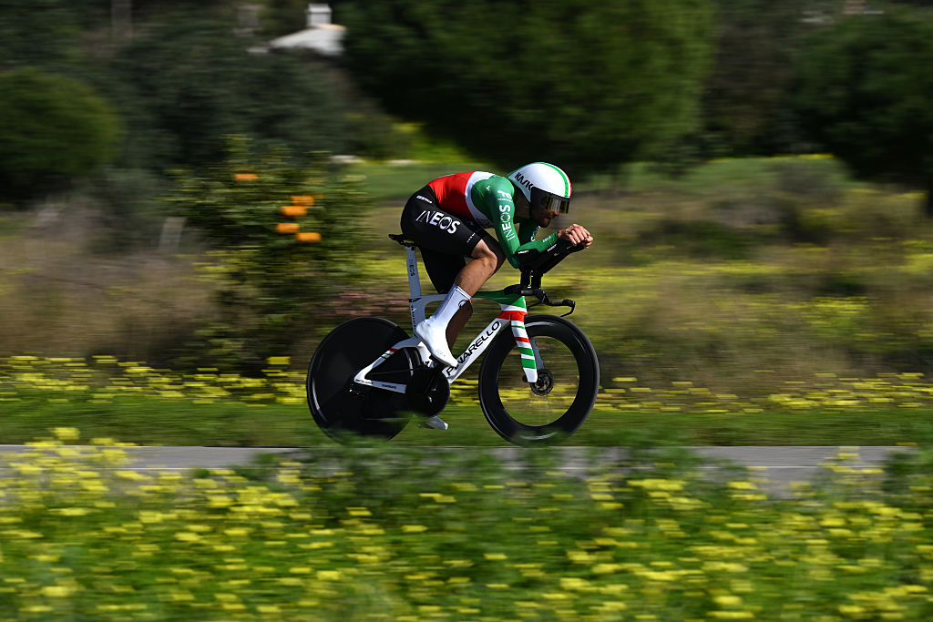 VILLAMOURA, PORTUGAL - FEBRUARY 20: Filippo Ganna of Italy and Team INEOS Grenadiers competes during the 52nd Volta ao Algarve em Bicicleta 2026, Stage 3 a 19.5km individual time trial stage from Vilamoura to Vilamoura on February 20, 2026 in Vilamoura, Portugal. (Photo by Dario Belingheri/Getty Images)