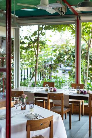 Interiors of Erba Brusca Milan restaurant showing wooden tables in front of windows looking out onto herb garden