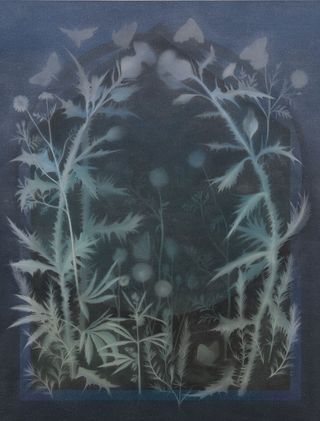 Artwork with a dark blue background and pale, almost ghostly, foliage and butterflies