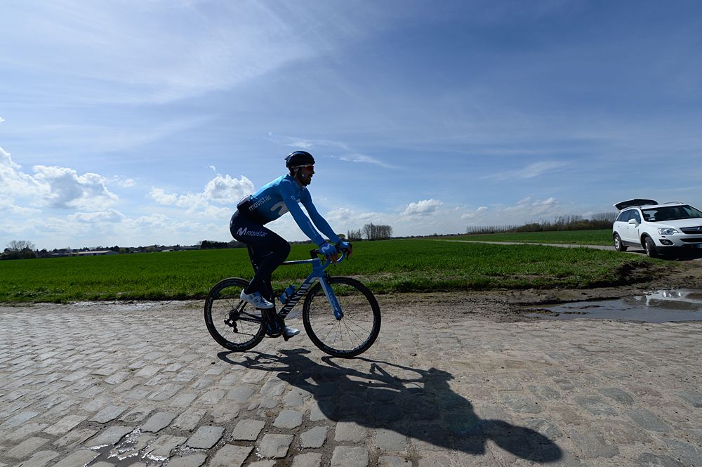 Alejandro Valverde - Movistar training on the Paris-Roubaix cobbles as recon for stage 9 at the Tour de France