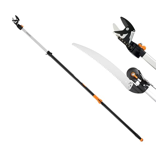 Fiskars 2-In-1 Extendable Tree Pruner and Pole Saw (extends 7.9 - 12 Feet) With Rotating Head, Pruning Stik Model With 15-Inch Double-Grind Saw Blade, and Double Locking System