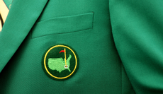 A close-up of The Masters logo on the Green Jacket