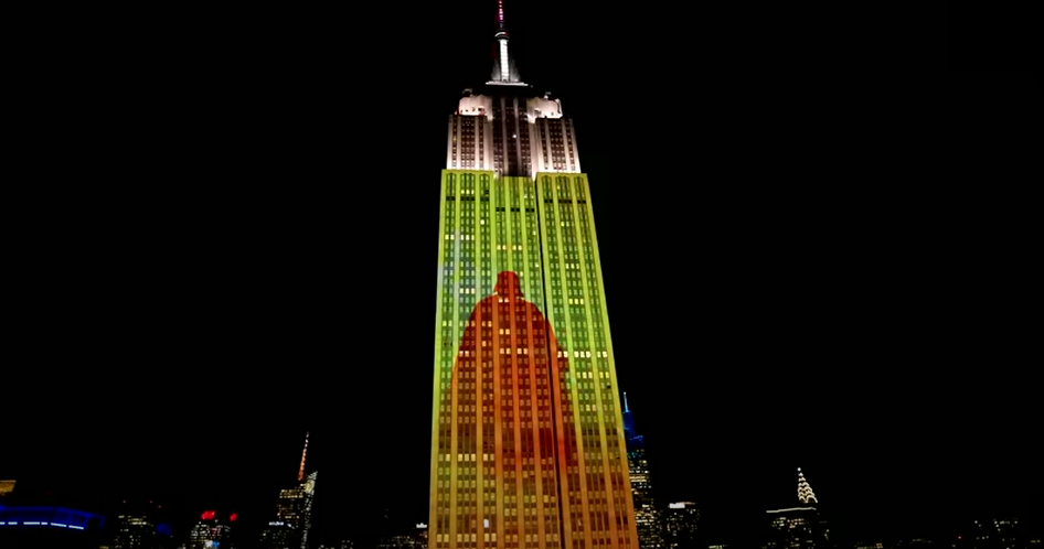 Darth Vader appears on the Empire State Building. 