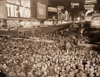 New Year's Eve celebrants in front of the Astor Hotel in Times Square for the annual New Year's Eve celebration in 1939