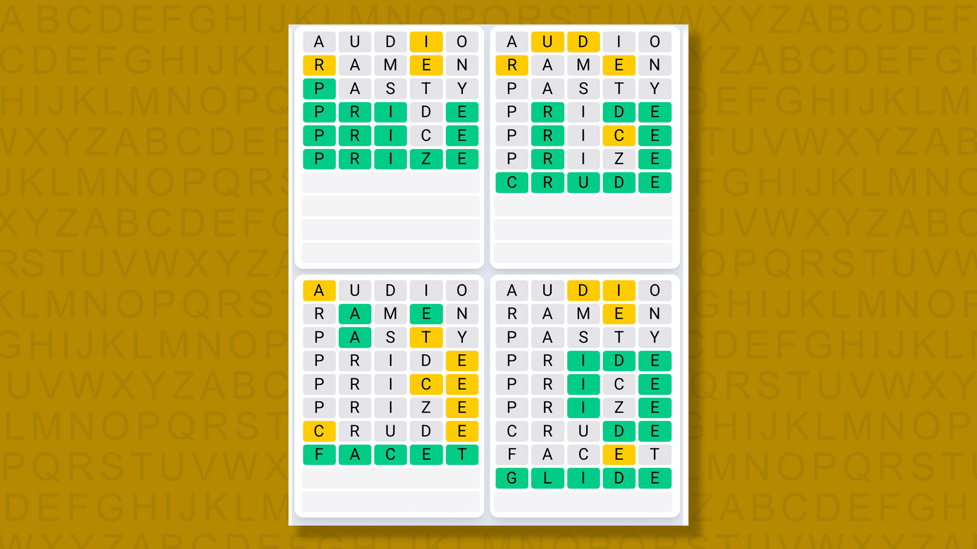 Respostas da sequência diária do Quordle para o jogo 1603 em fundo amarelo