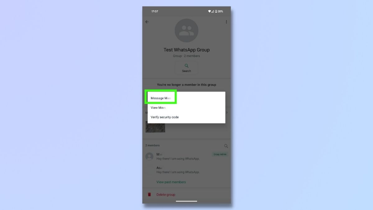 снимок экрана, показывающий, как повторно присоединиться к групповому чату в WhatsApp – администратор группы сообщений