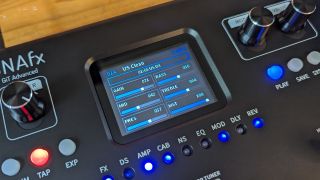 Close up of the screen on the Harley Benton DNAfx GiT Advanced multi-effects pedal