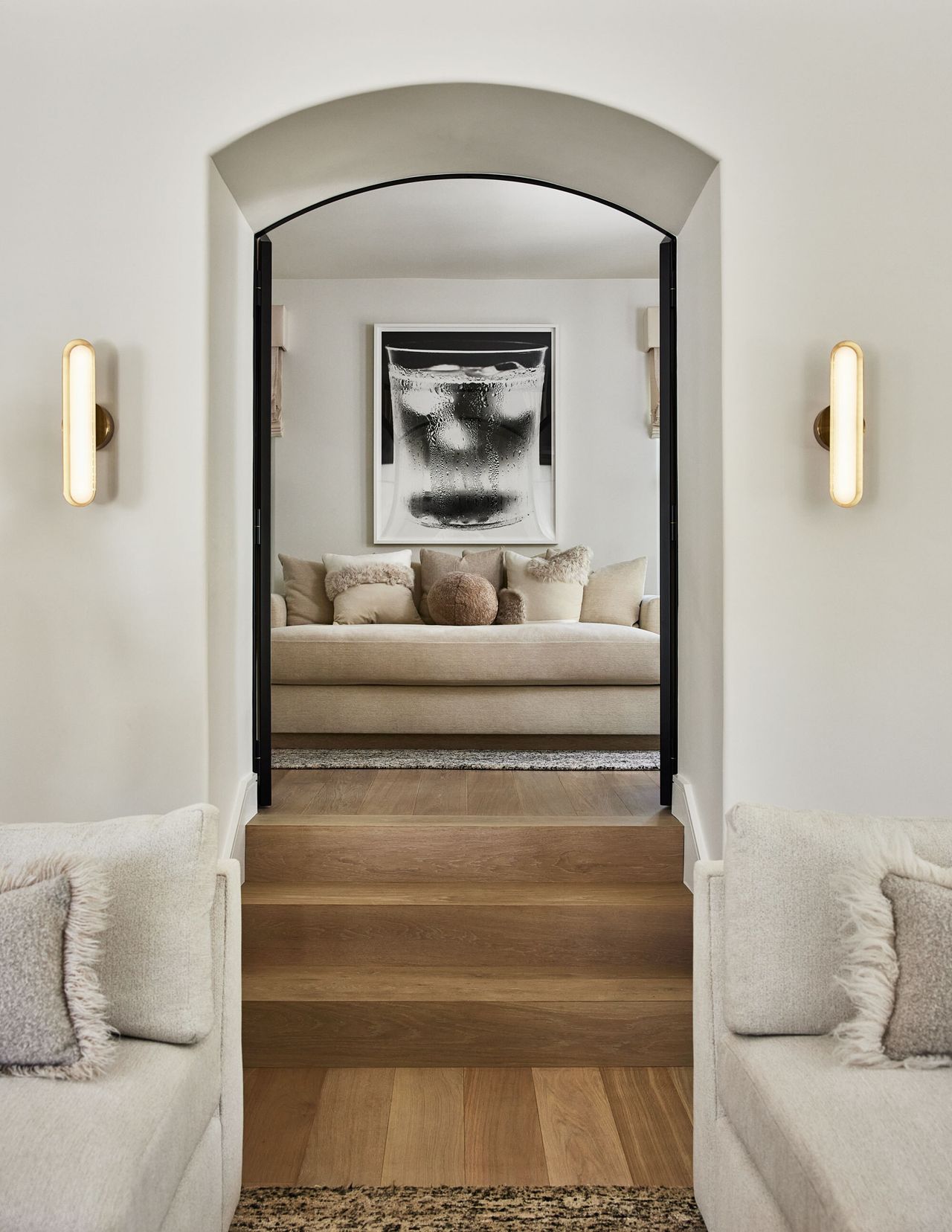 A view through to the living room in a neutrally furnished California home