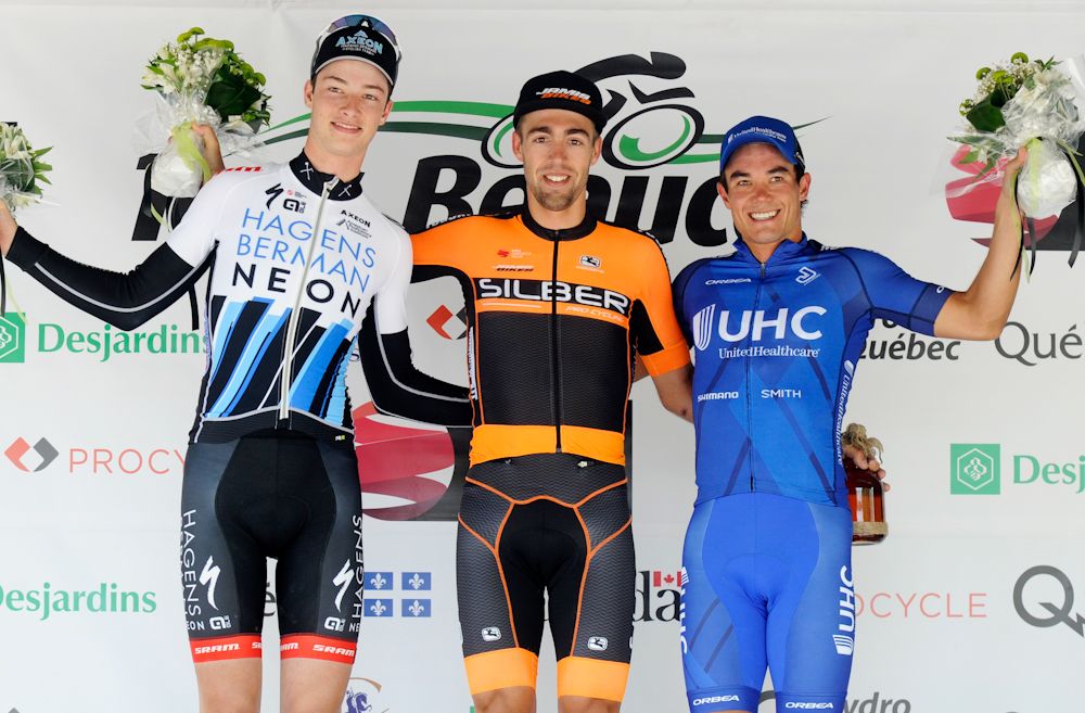 Ian garrison, Emile Jean and Travis McCabe on the stage 1 podium at Tour de Beauce