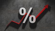 percentage sign superimposed over a red arrow stair-stepping higher