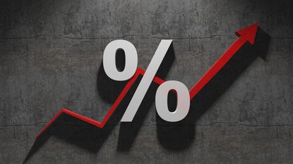 percentage sign superimposed over a red arrow stair-stepping higher