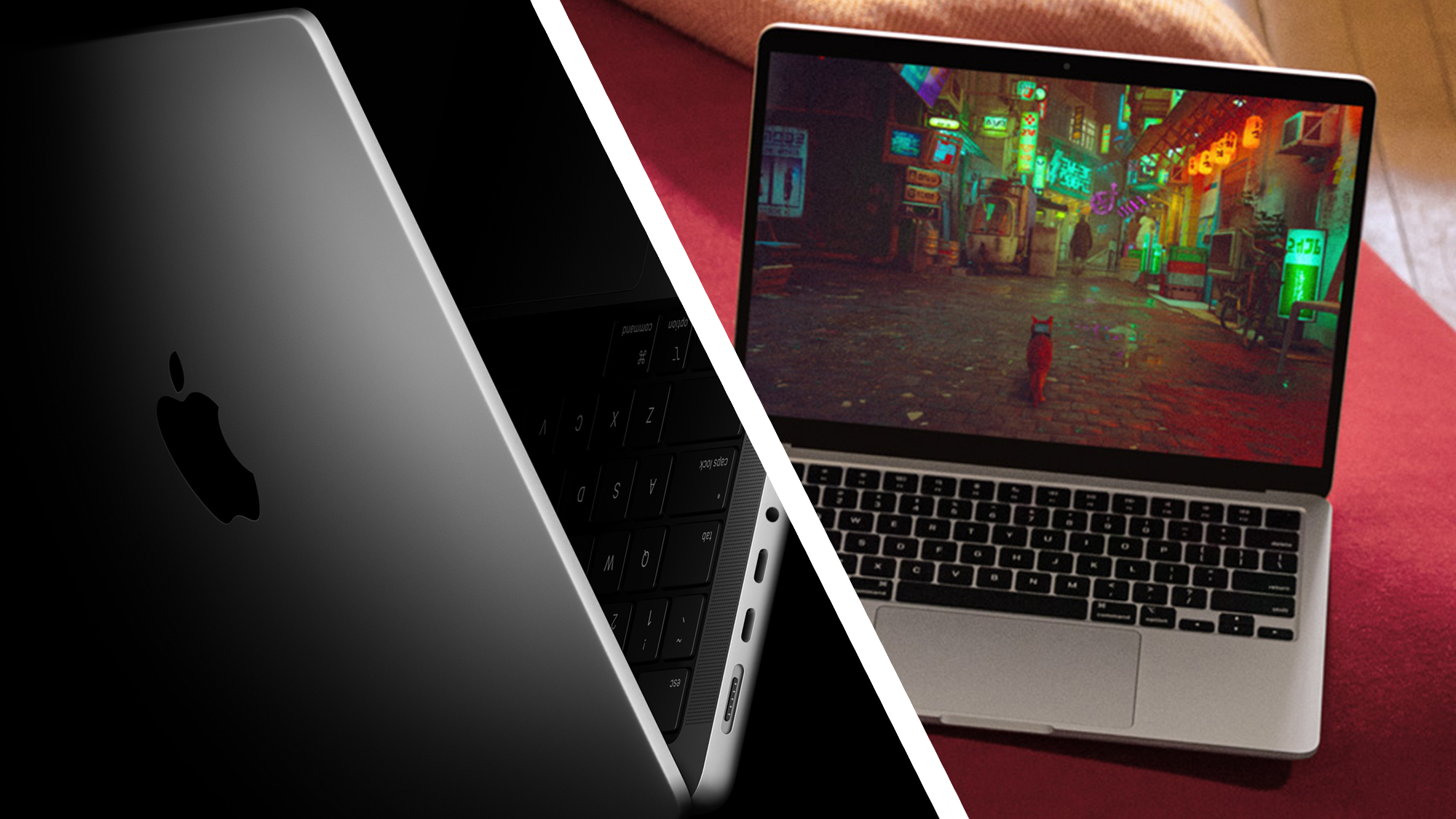 The M5 MacBook Pro on a black background next to an M3 MacBook Air on a red cushion