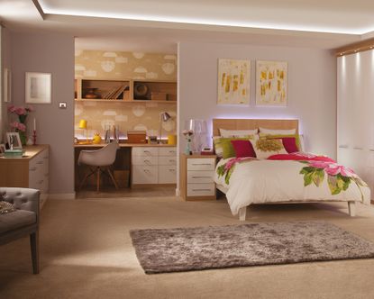 Sharps Cosmopolitan Oak And White Gloss Bedroom with home office ideas at rear