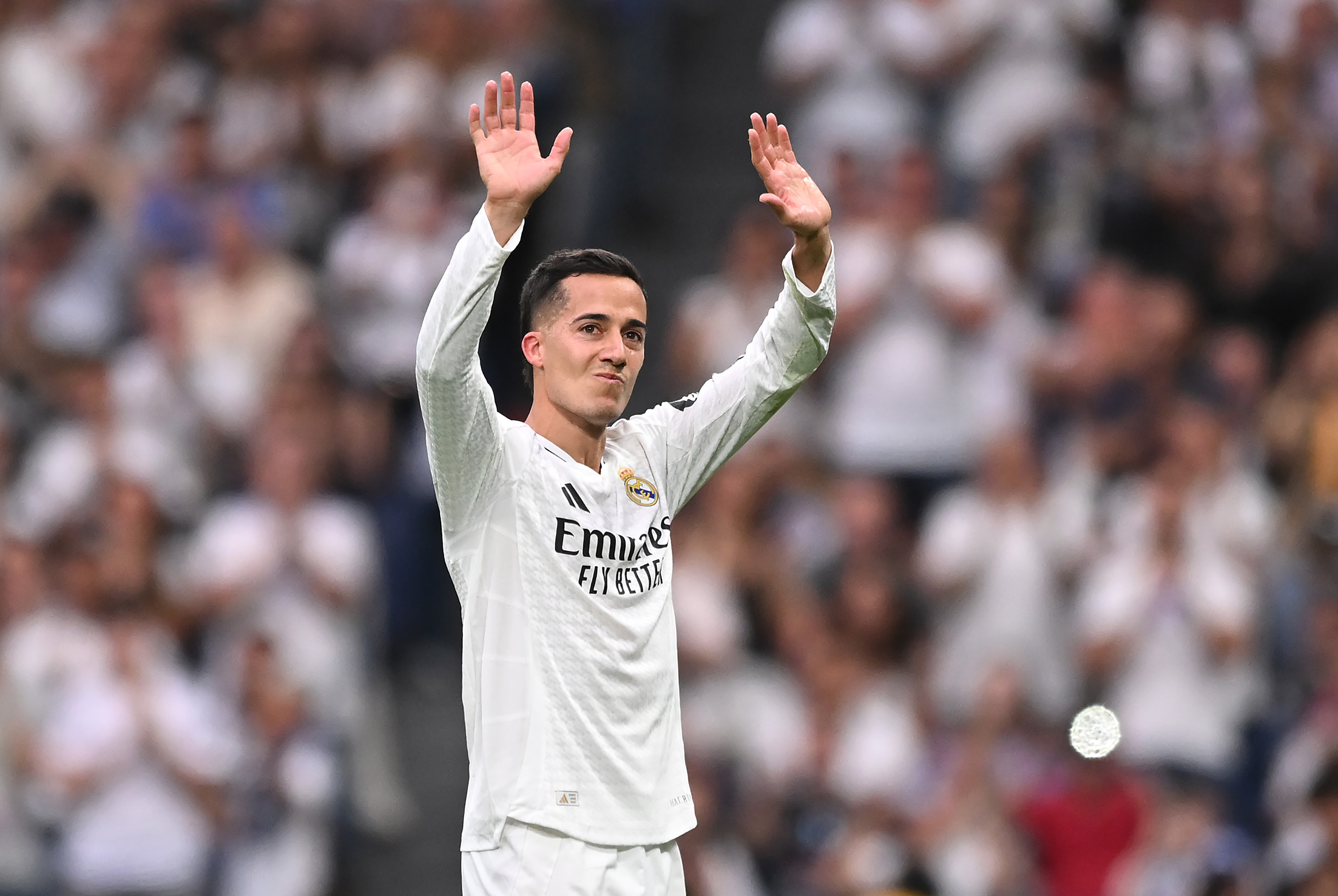 Lucas Vazquez says goodbye to the Real Madrid fans following his final appearance at the Santiago Bernabeu in May 2025.