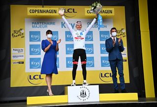 UAE Team Emirates teams Slovenian rider Tadej Pogacar celebrates on the podium with the Best Young rider jersey after the 1st stage of the Tour de France 