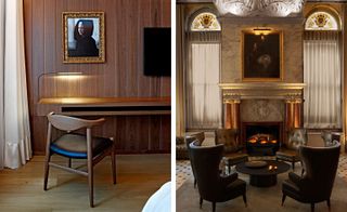 A room (left) and the bar (right) at The Edition Hotel in London.
