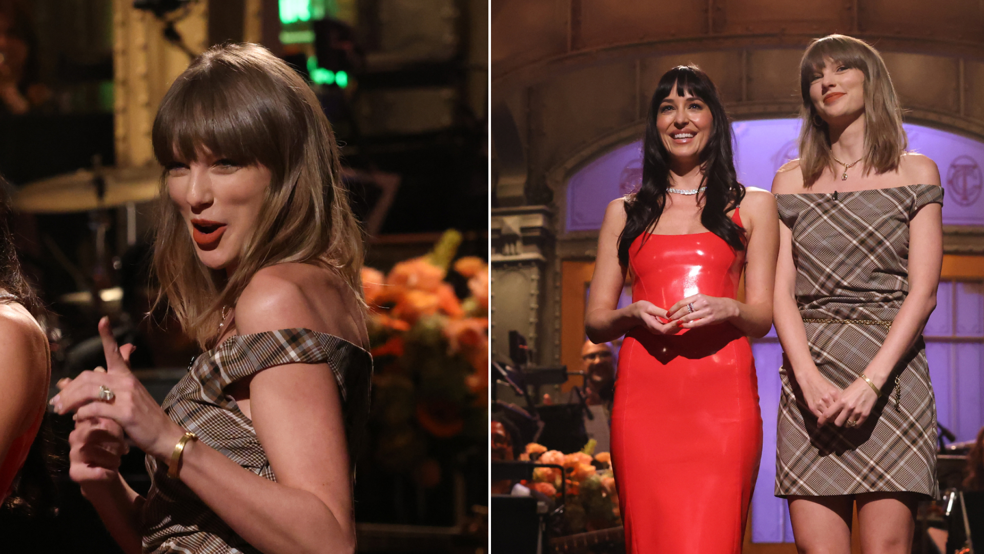Taylor Swift appears on SNL wearing a plaid mini dress from Simkhai