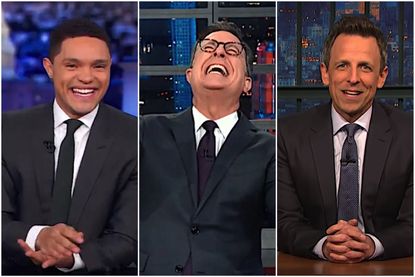 Seth Meyers, Trevor Noah, and Stephen Colbert laugh at Trump's emergency declaration
