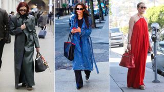 Split image of dua lipa, katie holmes, and jennifer lopez wearing leather tote bags