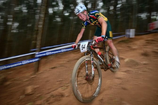 Luke Roberts of South Africa has a steady day in the men's under 23 cross country