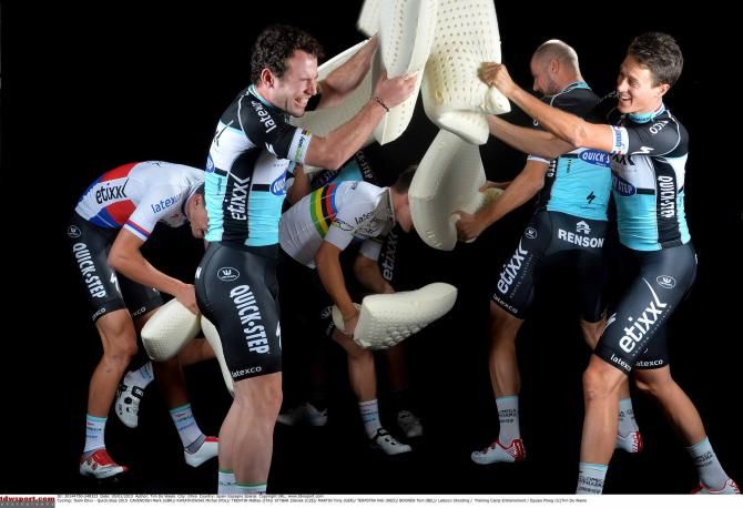 Niki Terpstra and Mark Cavendish on pillow fighting duty.