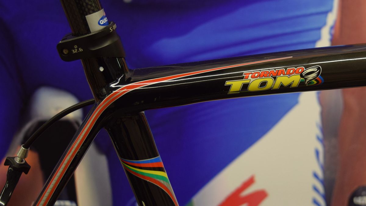 Boonen's world champion rainbow and nicknames adorn his bikes