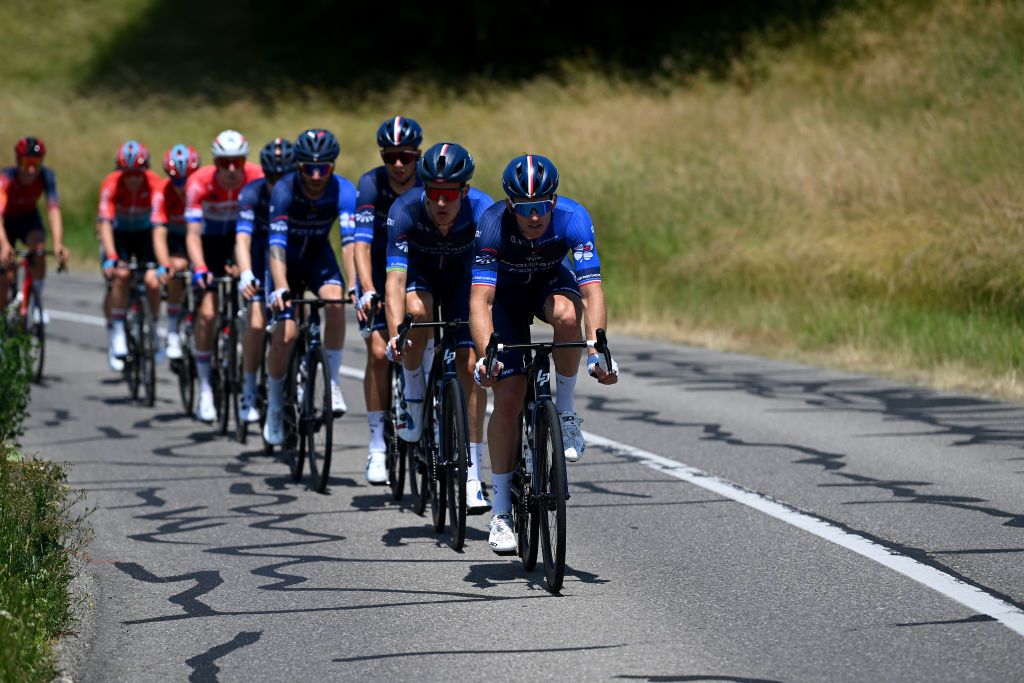 VILLARSSUROLLON SWITZERLAND JUNE 13 Arnaud Dmare of France and Team GroupamaFDJ leads the peloton during the 86th Tour de Suisse 2023 Stage 3 a 1438km stage from Tafers to VillarssurOllon 1256m UCIWT on June 13 2023 in VillarssurOllon Switzerland Photo by Dario BelingheriGetty Images