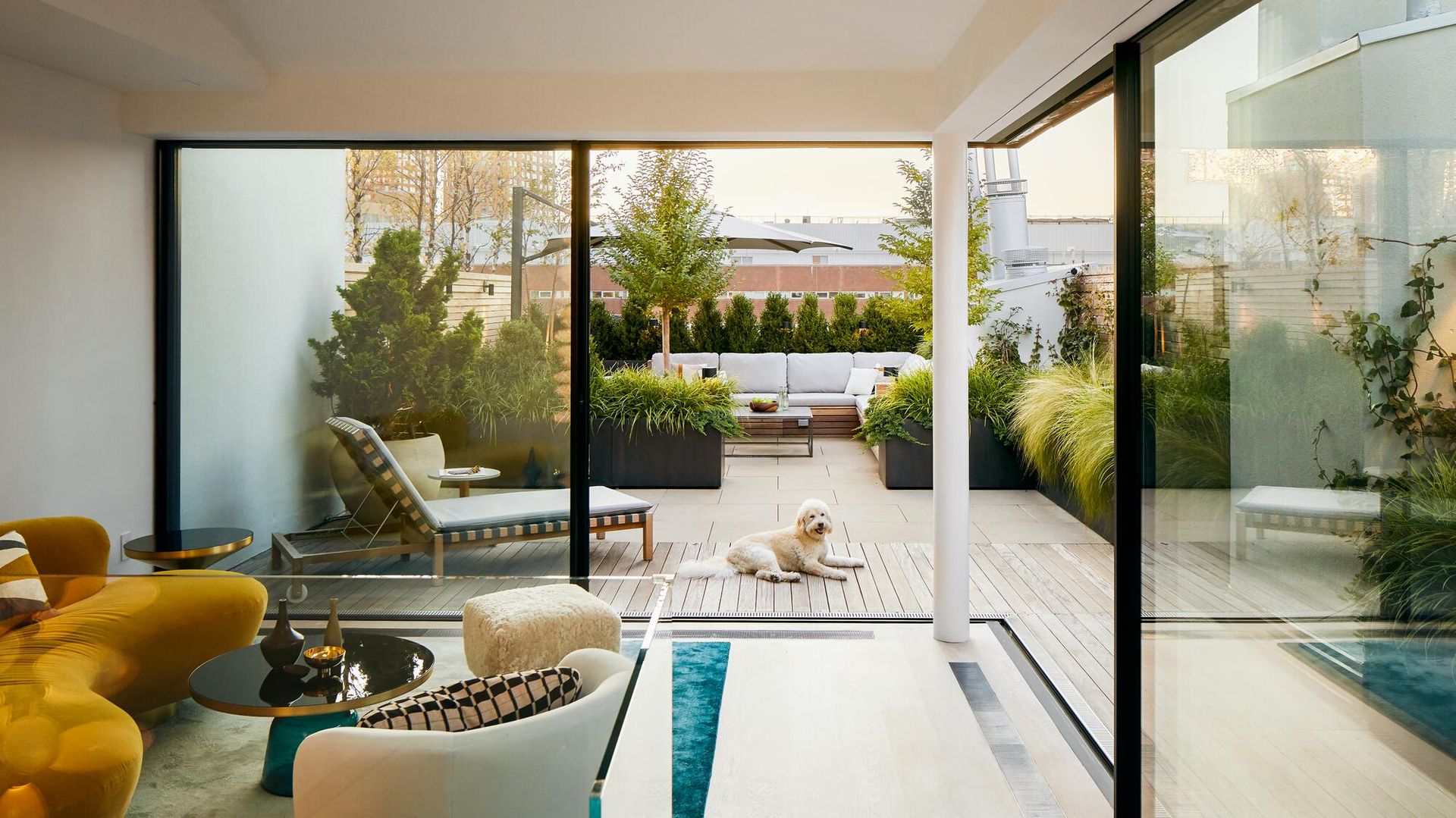 A penthouse with sliding doors to a secret rooftop garden