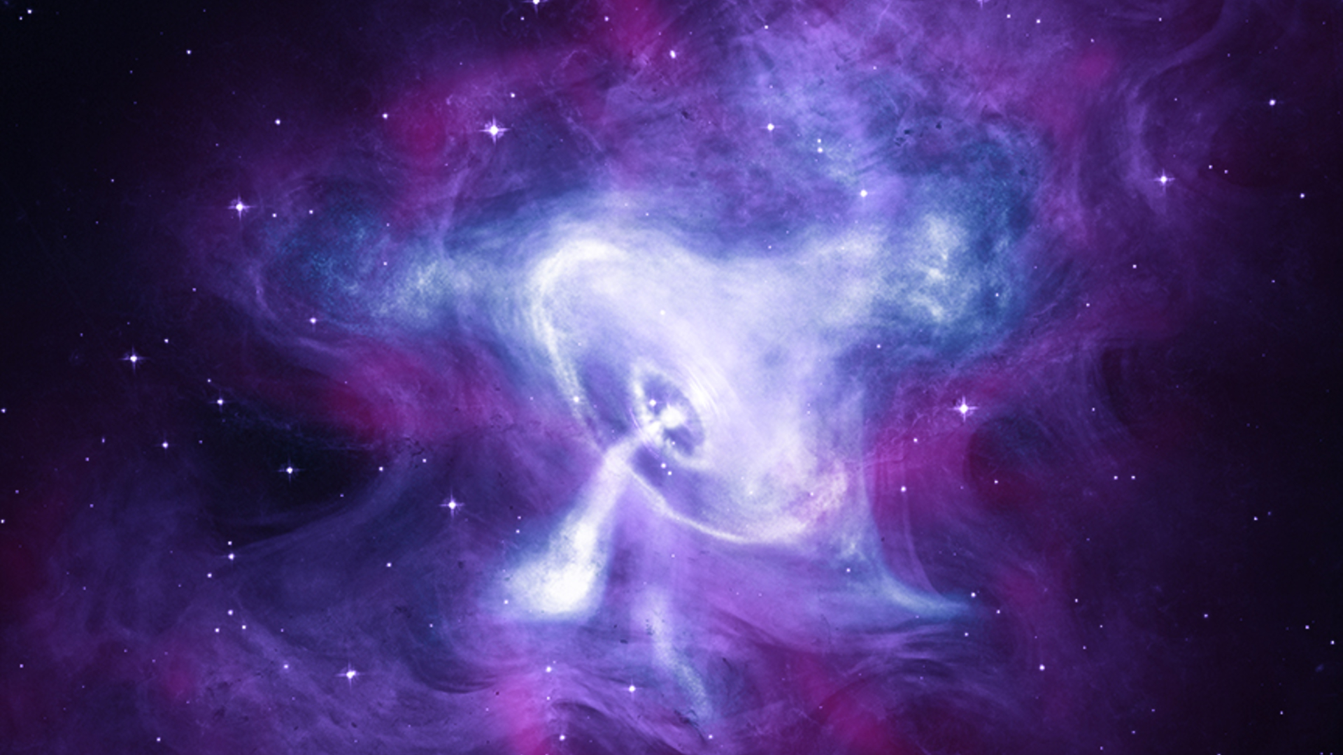 Glowing swirls of white symbolize a pulsar at the heart of clouds of blue and purple gas that show the Crab Nebula. 