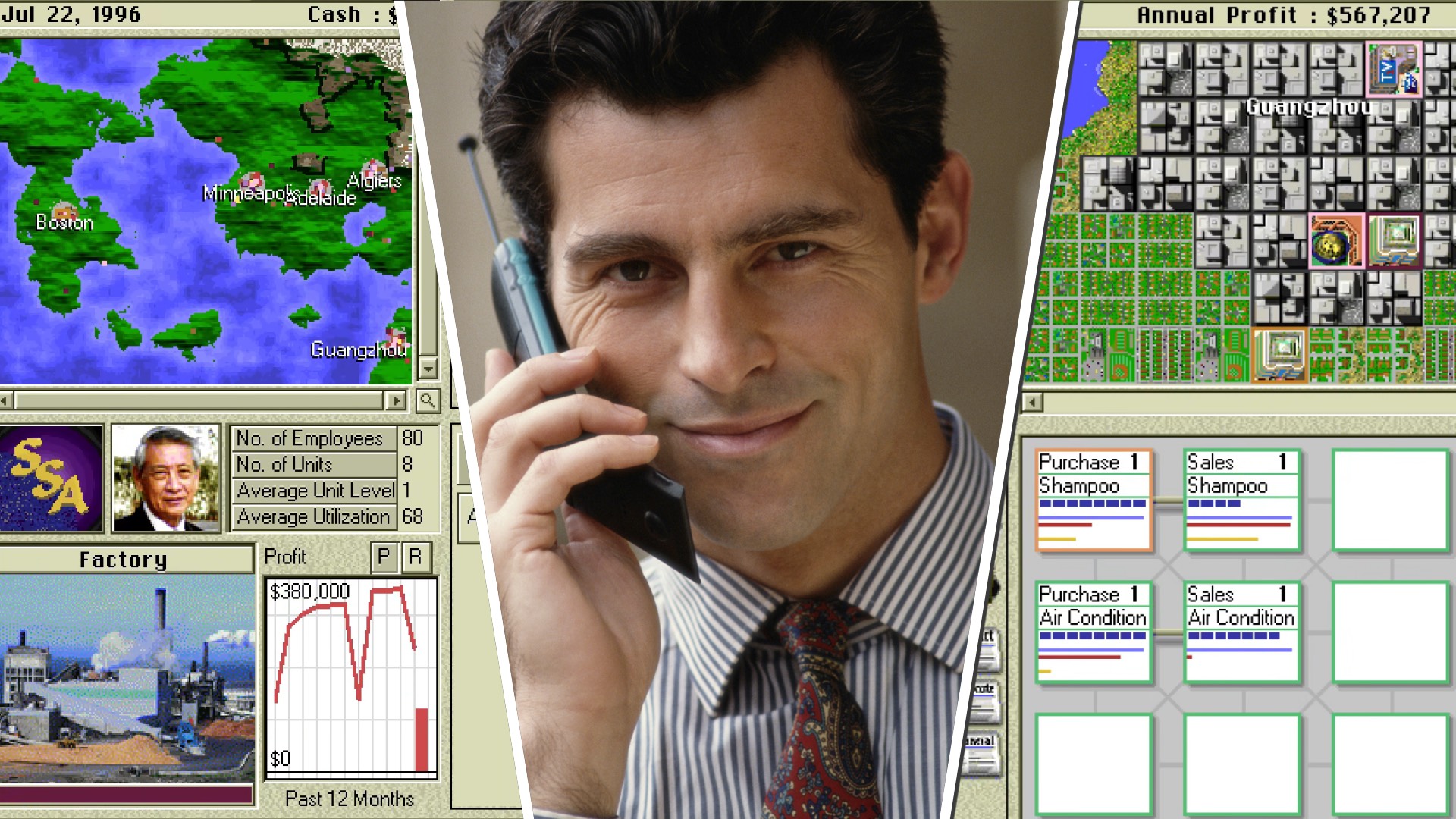 A smug business guy flanked on each side by screenshots of Capitalism Plus.