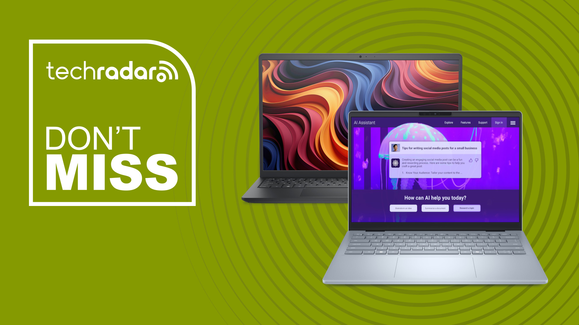A Dell 14 Plus Laptop and Dell 15 Laptop on a green background next to TechRadar Deals Don't Miss badge
