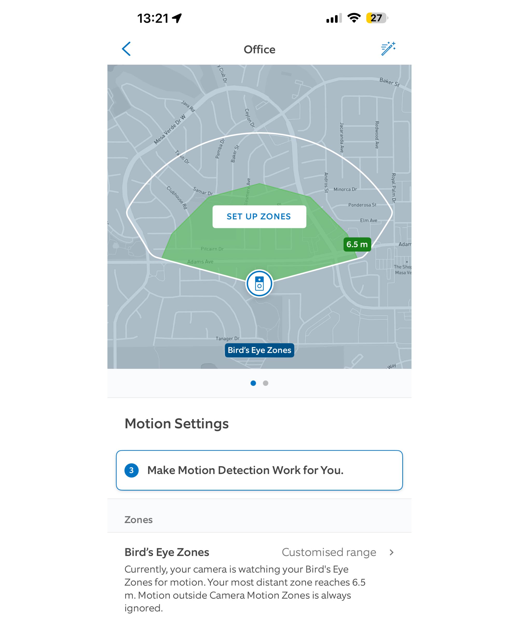 In-app Bird's Eye Zones settings for the Ring battery doorbell pro